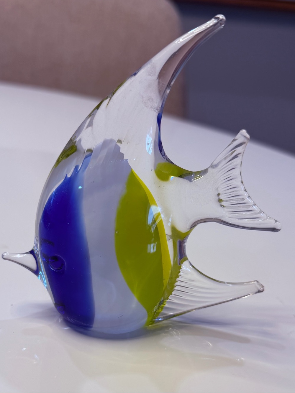 Hand Blown Art Glass Fish Figurine 4.5” Blue Yellow White Murano Style Coastal